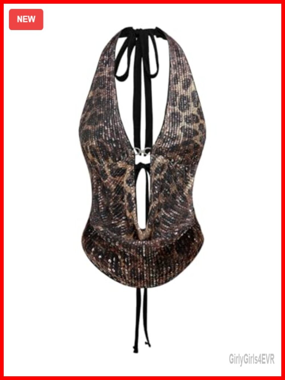 Verdusa Women's Sequin Cheetah Print Halter Top Y2K Rave Club Party Cami